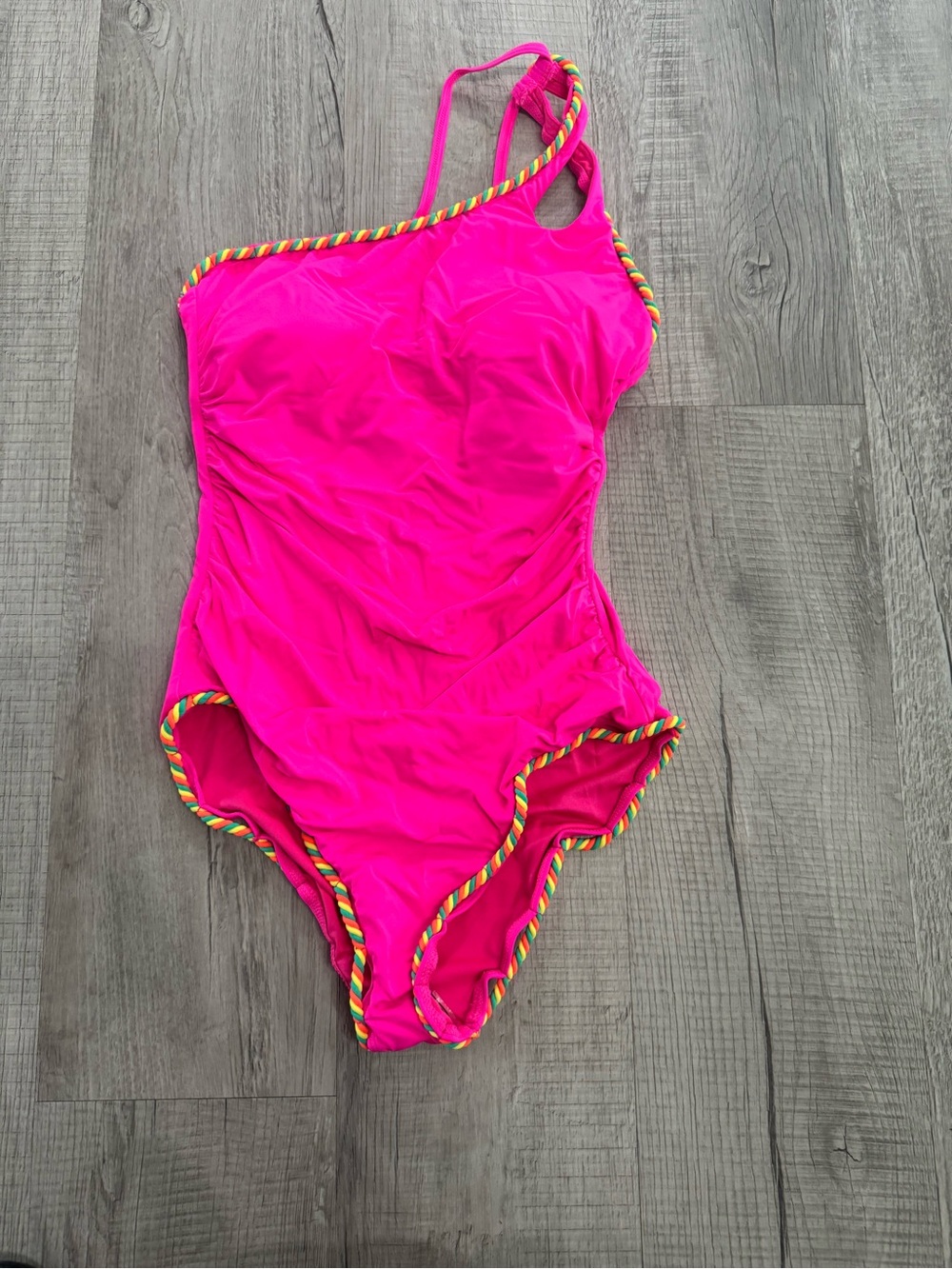 Hot Pink One-Shoulder Swimsuit with Multicolor Rope Trim